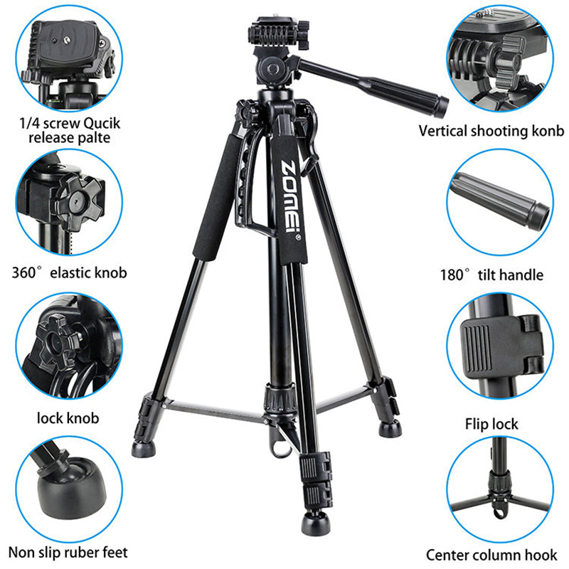 Professional Aluminum Travel Tripod, 140 cm for Videography & Photography: Quick Plate Mounting, Suitable for Smartphones, Apple iPhone 15/14/13/12/11 Pro Max/Plus/Mini, GoPro, Canon/Nikon DSLR/SLR