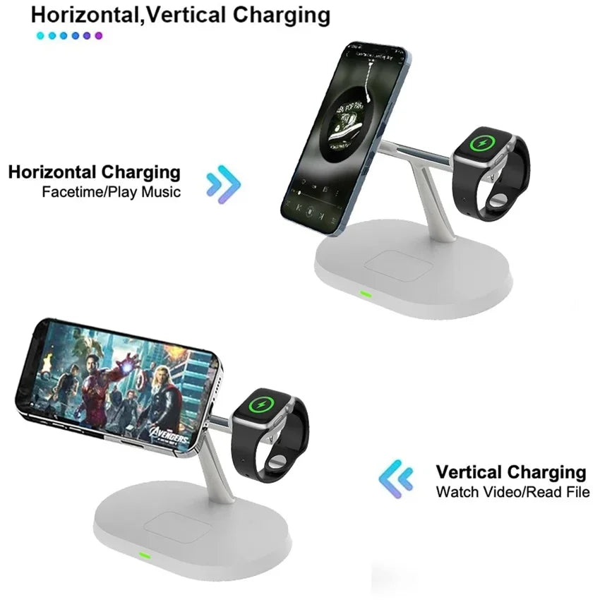 5-in-1 Magnetic Wireless Charging Stand for Smartphones, Apple iPhone, Samsung, iOS & Android Apple Watch 9, 8, 7, AirPods with LED Light, Fast Charging.