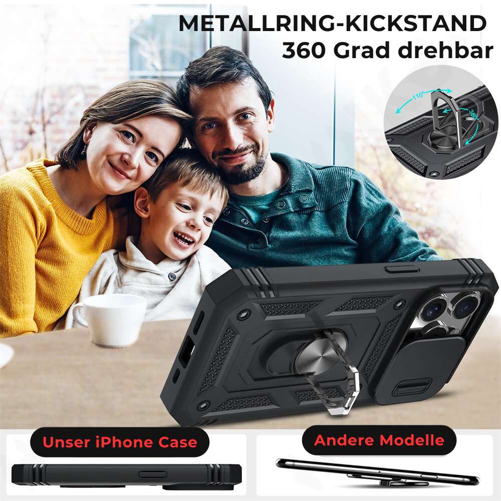Premium Robustes Militärpanzer Apple iPhone Hülle | Militärqualität, 360° Schutz, Kamera- und Bildschirmschutz, Drehbarer Ständer, Kartenfach & MagSafe, Stoßfeste Abdeckung | Panzerhülle Outdoor & Baustellen | Armor Handyschutzhülle, Sturzsicheres Cover