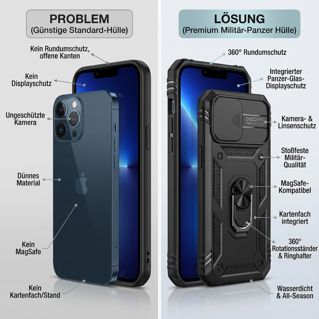 Premium Robustes Militärpanzer Apple iPhone Hülle | Militärqualität, 360° Schutz, Kamera- und Bildschirmschutz, Drehbarer Ständer, Kartenfach & MagSafe, Stoßfeste Abdeckung | Panzerhülle Outdoor & Baustellen | Armor Handyschutzhülle, Sturzsicheres Cover