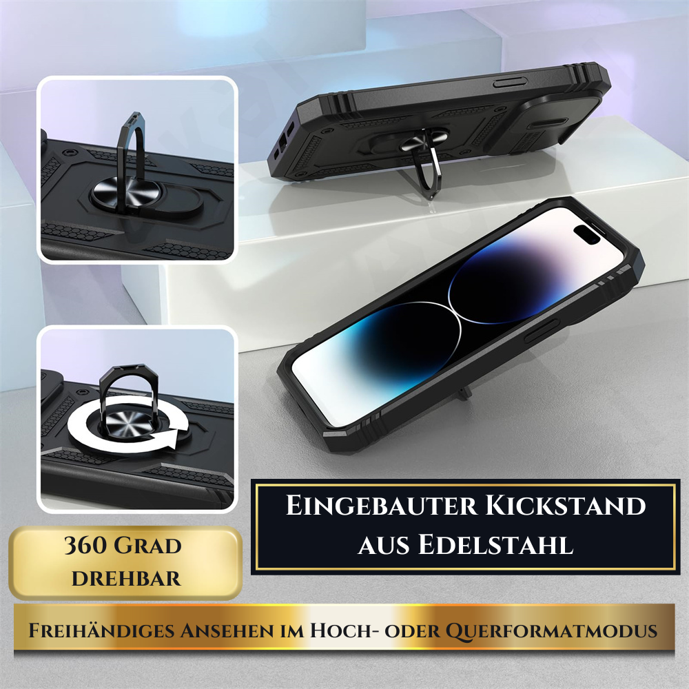 Premium Robustes Militärpanzer Apple iPhone Hülle | Militärqualität, 360° Schutz, Kamera- und Bildschirmschutz, Drehbarer Ständer, Kartenfach & MagSafe, Stoßfeste Abdeckung | Panzerhülle Outdoor & Baustellen | Armor Handyschutzhülle, Sturzsicheres Cover