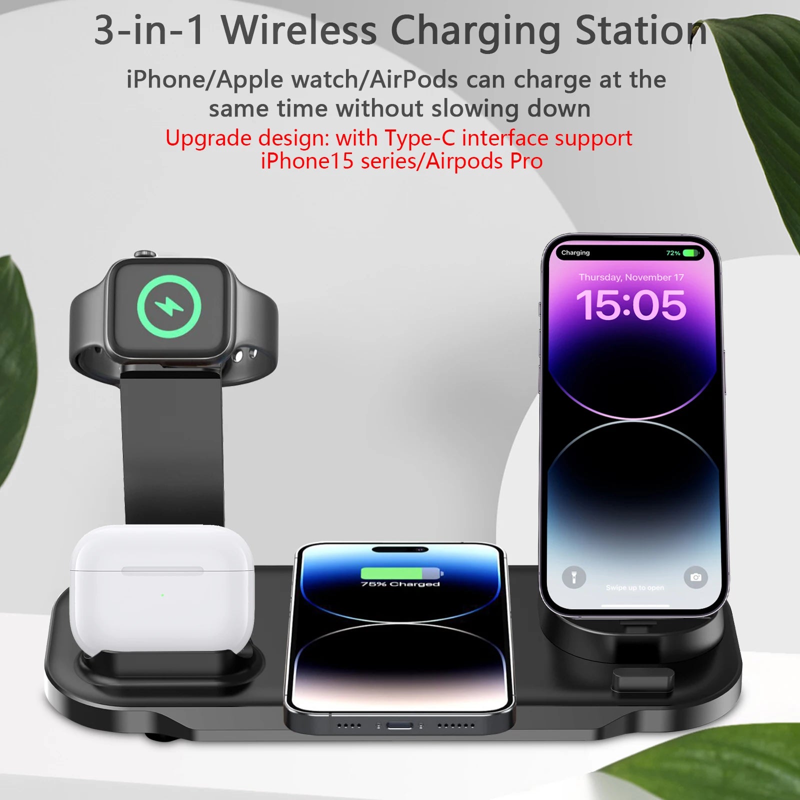 Premium 3-in-1 LED Fast Charging Station | Multifunctional Wireless Charger Fast Wireless Charging Station Docking Station for Smartphones, Apple iPhone, Samsung, iOS & Android AirPods, Apple Watch & iPad | Phone/Tablet Stand & Holder