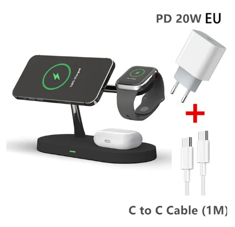 5-in-1 Magnetic Wireless Charging Stand for Smartphones, Apple iPhone, Samsung, iOS & Android Apple Watch 9, 8, 7, AirPods with LED Light, Fast Charging.