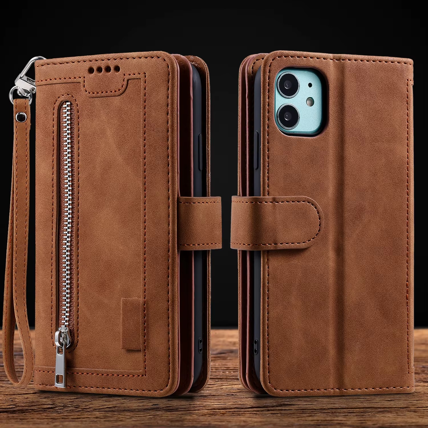 Hochwertige Leder-Handyhülle mit Reißverschluss, Kartenhalter, Stand und Riemen iPhone Hülle | Flip-Cover Case für Apple iPhone 17/17 Air, 16/16e, 15, 14, 13, 12 Pro Max, Pro, Plus & Mini - Vielseitige Schutzhülle