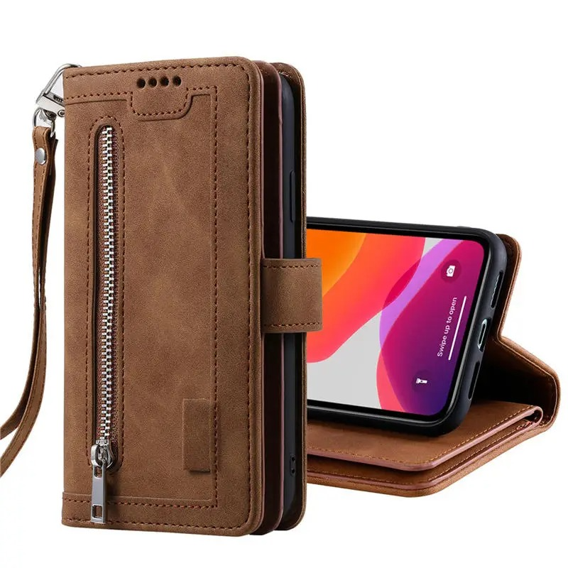 Hochwertige Leder-Handyhülle mit Reißverschluss, Kartenhalter, Stand und Riemen iPhone Hülle | Flip-Cover Case für Apple iPhone 17/17 Air, 16/16e, 15, 14, 13, 12 Pro Max, Pro, Plus & Mini - Vielseitige Schutzhülle