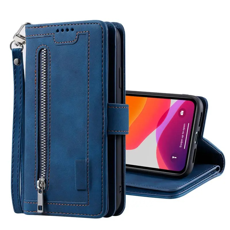 Hochwertige Leder-Handyhülle mit Reißverschluss, Kartenhalter, Stand und Riemen iPhone Hülle | Flip-Cover Case für Apple iPhone 17/17 Air, 16/16e, 15, 14, 13, 12 Pro Max, Pro, Plus & Mini - Vielseitige Schutzhülle