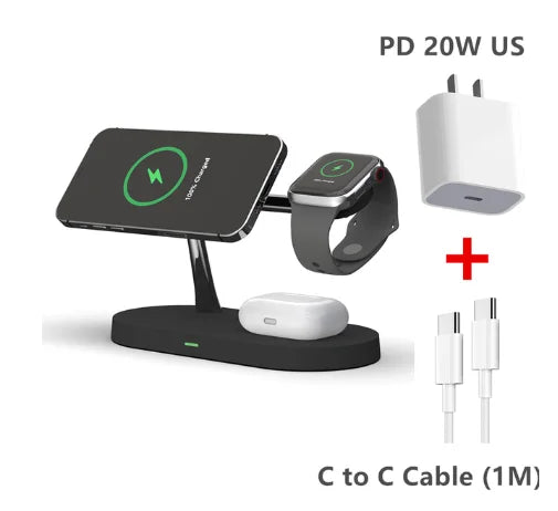 5-in-1 Magnetic Wireless Charging Stand for Smartphones, Apple iPhone, Samsung, iOS & Android Apple Watch 9, 8, 7, AirPods with LED Light, Fast Charging.