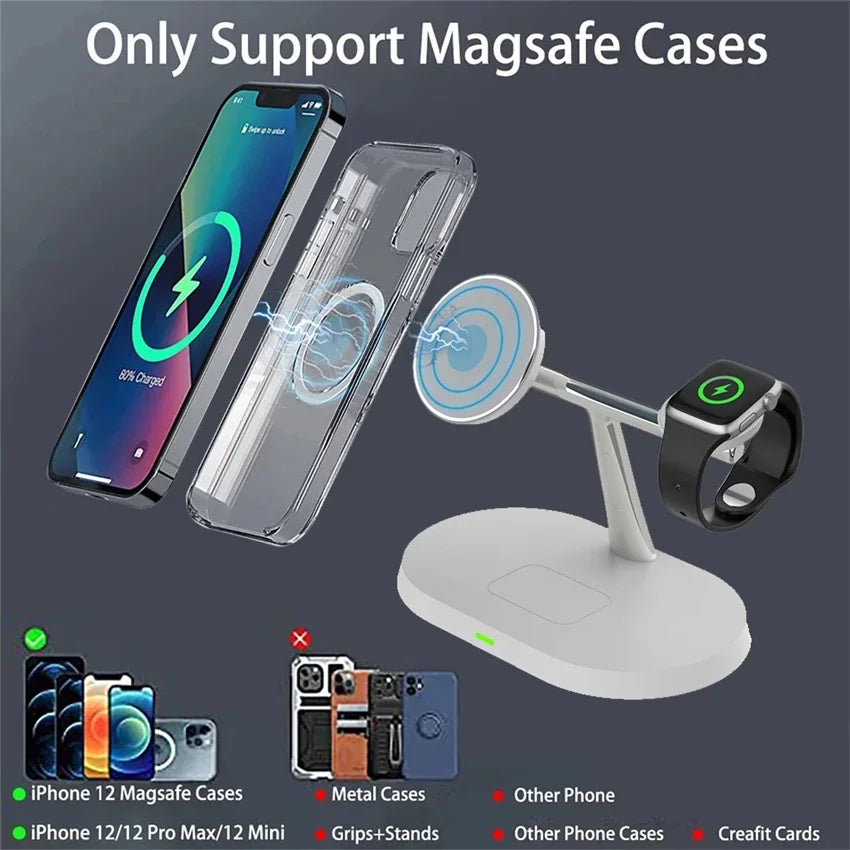 5-in-1 Magnetic Wireless Charging Stand for Smartphones, Apple iPhone, Samsung, iOS & Android Apple Watch 9, 8, 7, AirPods with LED Light, Fast Charging.