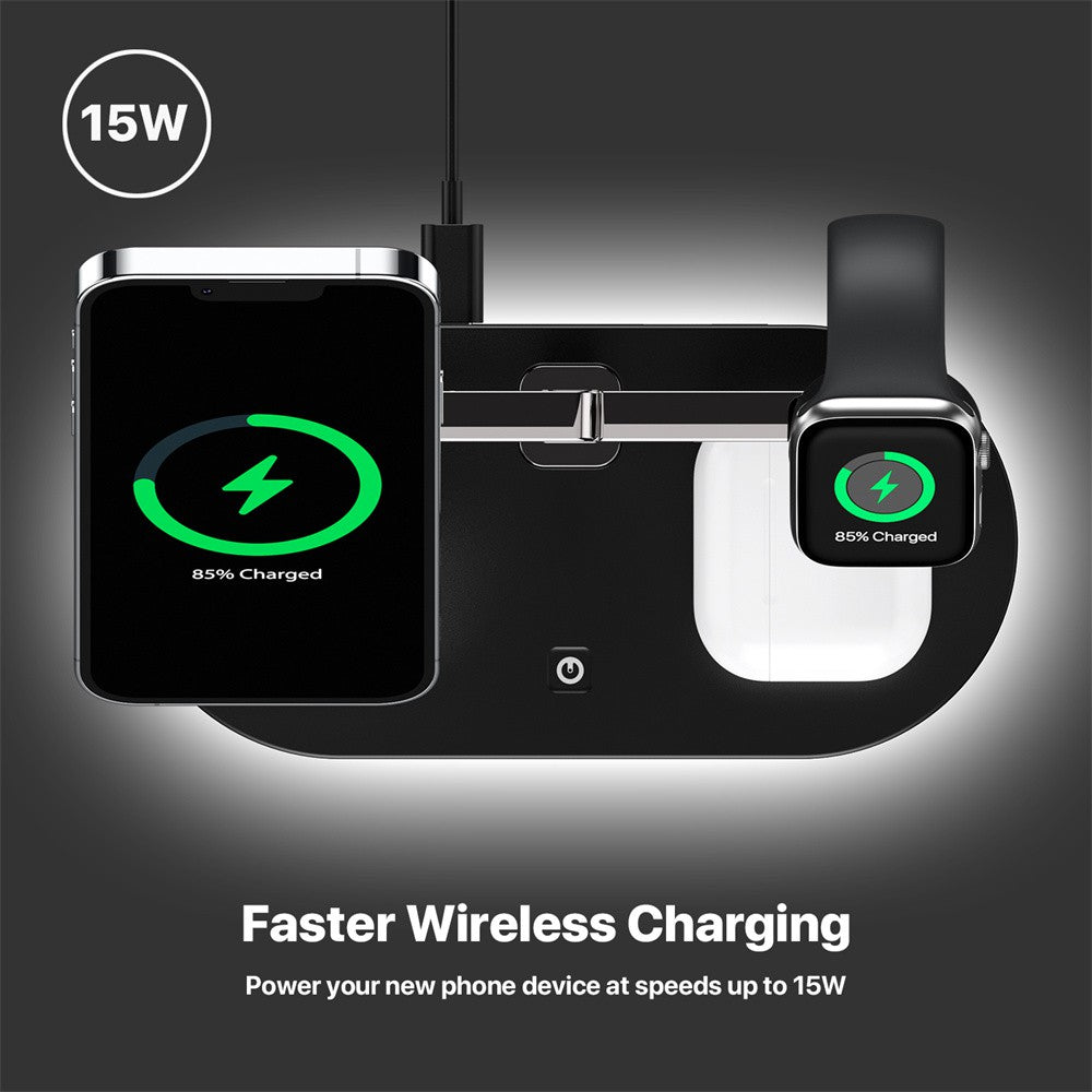 Premium 3-in-1 LED Fast Charging Station | Multifunctional Wireless Charger Fast Wireless Charging Station Docking Station for Smartphones, Apple iPhone, Samsung, iOS & Android AirPods, Apple Watch & iPad | Phone/Tablet Stand & Holder