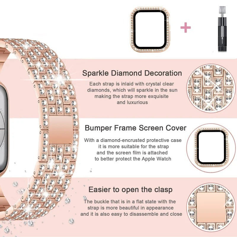 Luxury Premium glitter metal bracelet and diamond protective case for Apple Watch Series 10/9/8/7/6/5/4/3/2/1 & Ultra 2/1, SE: 2024, 2023, 2022, 2021, 2020, 2019, 2018, 2017, 2016 | Ultra 49mm, 45mm, 41mm, 40mm, 44mm, 42mm bracelet for iWatch.