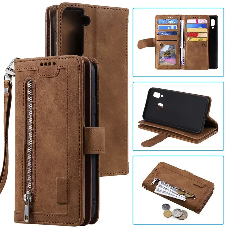 High-Quality Leather Phone Case with Zipper, Card Holder, Stand, and Strap | Flip Cover Case for Apple iPhone 16/15/14/13/12 Pro Max, Plus, Mini - Versatile Protective Cover