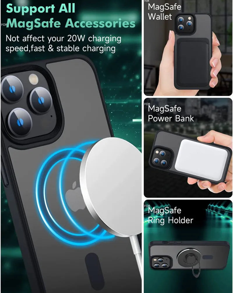 Clear HD Premium Magnetic Magsafe Wireless Charging | Shockproof Transparent Hybrid Armor iPhone Case 16/15/14/13/12 Pro Max Plus Mini