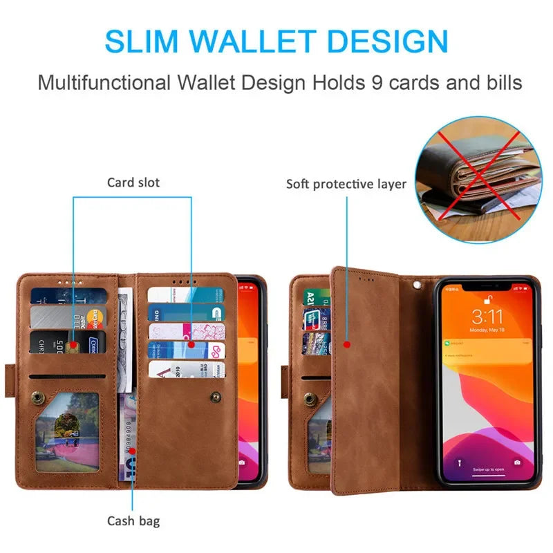 High-Quality Leather Phone Case with Zipper, Card Holder, Stand, and Strap | Flip Cover Case for Apple iPhone 16/15/14/13/12 Pro Max, Plus, Mini - Versatile Protective Cover