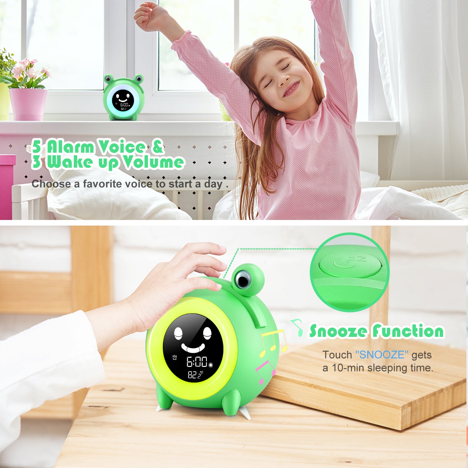 Luxus Kinderwecker in süßem Tierdesign: Digitaler Schlaftrainer mit buntem Nachtlicht, Schlummerfunktion, Temperaturanzeige