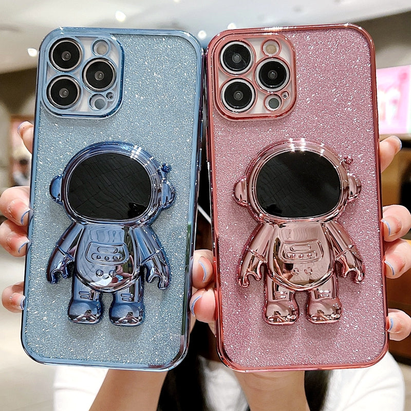 Luxury Glitter Astronaut Folding Silicone Case with Stand and Hand Holder for Apple iPhone 16/15/14/13/12 Pro Max Plus Mini | Shockproof, Water-Resistant & Anti-Fingerprint