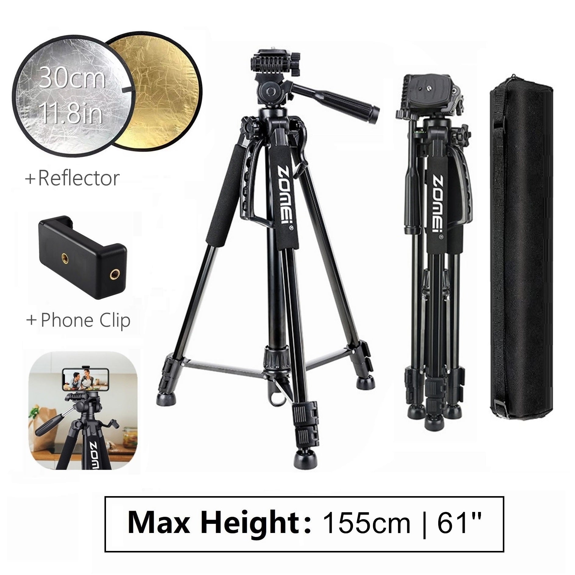 Professional Aluminum Travel Tripod, 140 cm for Videography & Photography: Quick Plate Mounting, Suitable for Smartphones, Apple iPhone 15/14/13/12/11 Pro Max/Plus/Mini, GoPro, Canon/Nikon DSLR/SLR