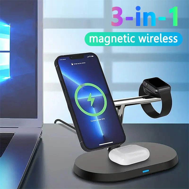 5-in-1 Magnetic Wireless Charging Stand for Smartphones, Apple iPhone, Samsung, iOS & Android Apple Watch 9, 8, 7, AirPods with LED Light, Fast Charging.