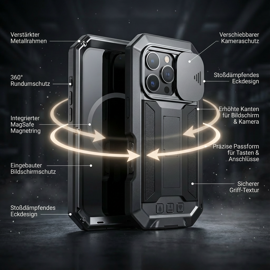 Military Heavy-Duty Metal iPhone Case – Full-Body Hybrid Cover with Slide Camera Protection & Built-in Screen Protector 