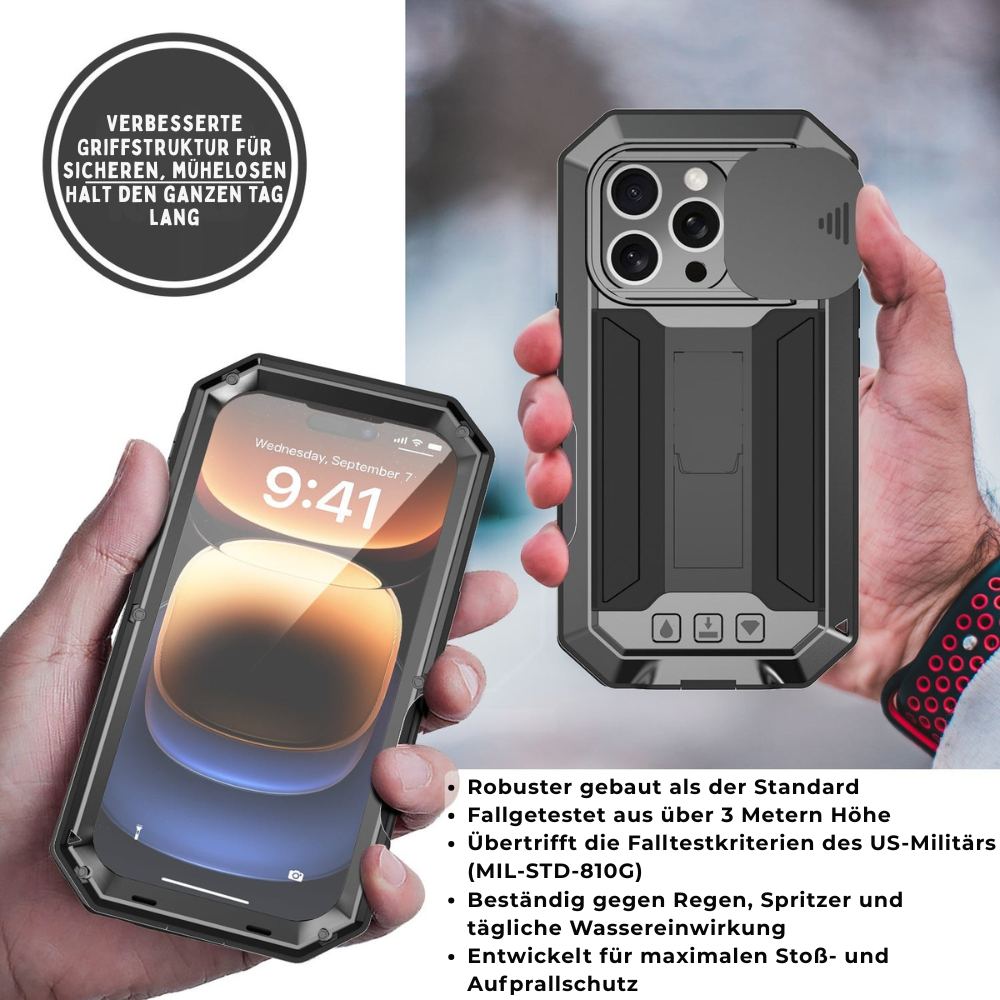 Military Heavy-Duty Metal iPhone Case – Full-Body Hybrid Cover with Slide Camera Protection & Built-in Screen Protector