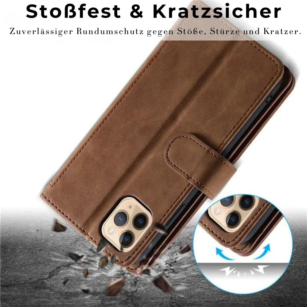 Hochwertige Leder-Handyhülle mit Reißverschluss, Kartenhalter, Stand und Riemen iPhone Hülle | Flip-Cover Case für Apple iPhone 17/17 Air, 16/16e, 15, 14, 13, 12 Pro Max, Pro, Plus & Mini - Vielseitige Schutzhülle