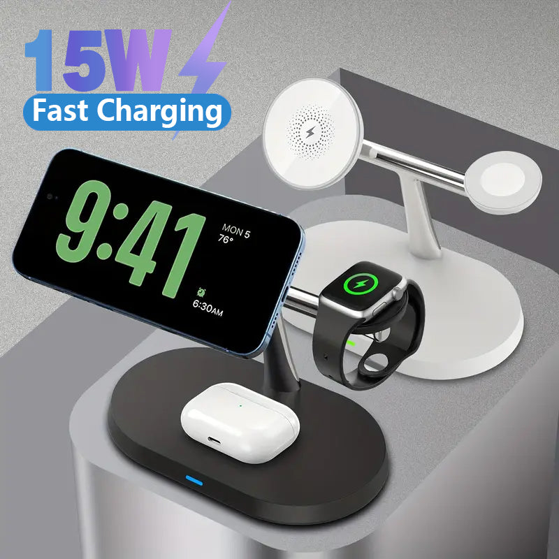 5-in-1 Magnetic Wireless Charging Stand for Smartphones, Apple iPhone, Samsung, iOS & Android Apple Watch 9, 8, 7, AirPods with LED Light, Fast Charging.