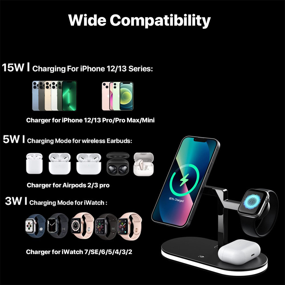 Premium 3-in-1 LED Fast Charging Station | Multifunctional Wireless Charger Fast Wireless Charging Station Docking Station for Smartphones, Apple iPhone, Samsung, iOS & Android AirPods, Apple Watch & iPad | Phone/Tablet Stand & Holder