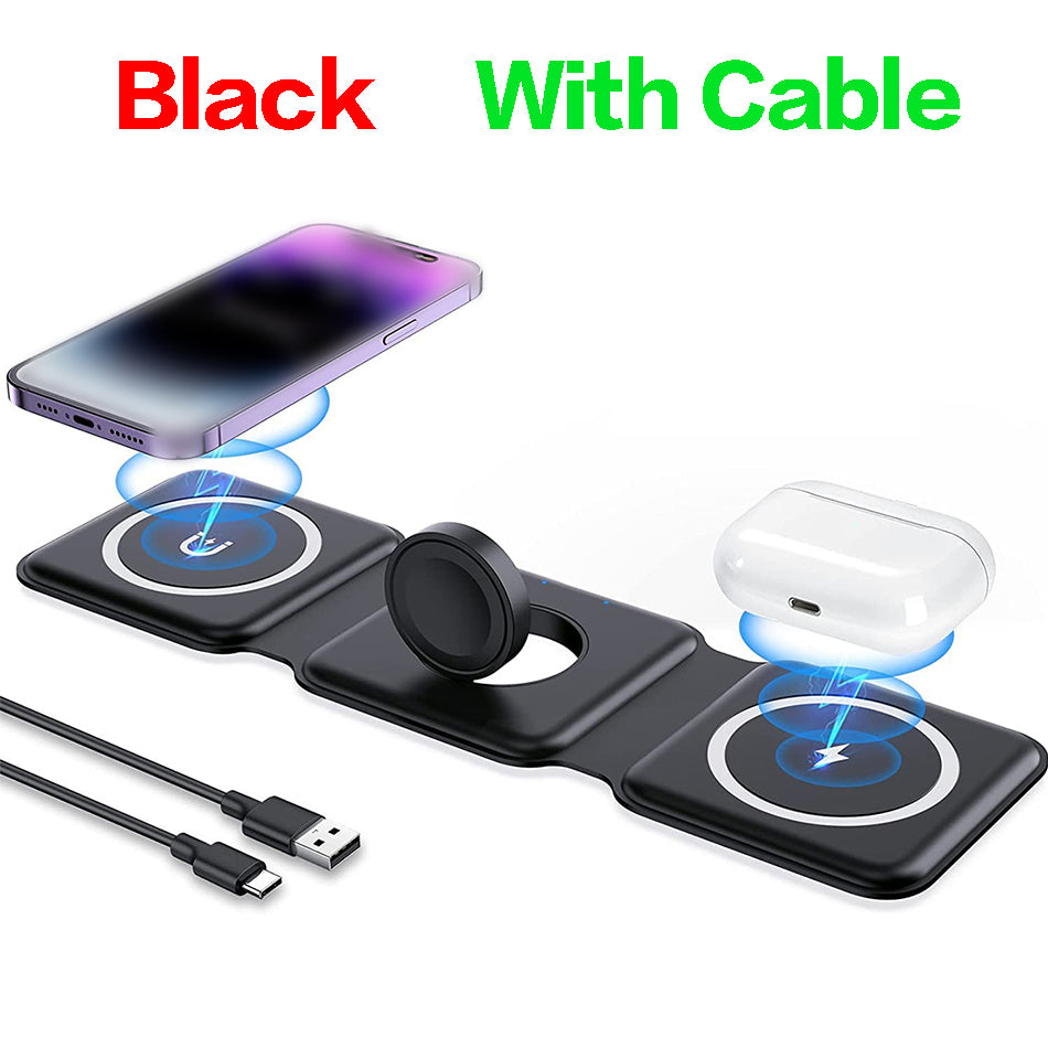 3 In 1 Foldable Magnetic Charging Station 15W Wireless Charger Aluminum Fast Charging Dock Wireless Charging Station for Smartphones, Apple iPhone, Samsung, iOS & Android