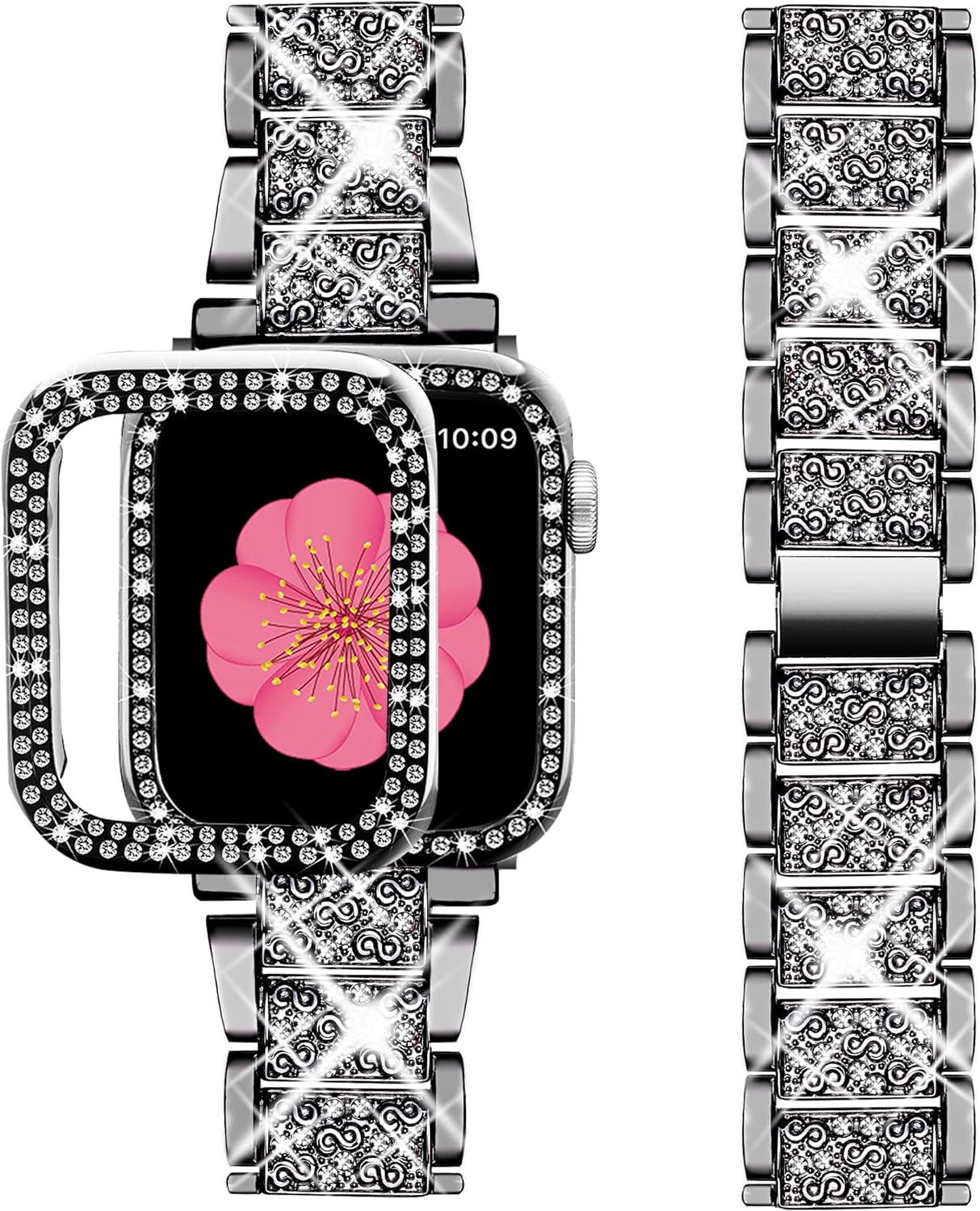 Luxury Premium glitter metal bracelet and diamond protective case for Apple Watch Series 10/9/8/7/6/5/4/3/2/1 & Ultra 2/1, SE: 2024, 2023, 2022, 2021, 2020, 2019, 2018, 2017, 2016 | Ultra 49mm, 45mm, 41mm, 40mm, 44mm, 42mm bracelet for iWatch.