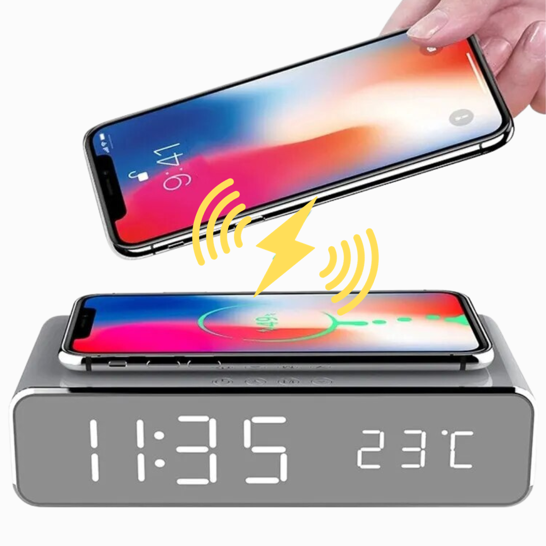 Kabellose Ladestation Wecker LED-Schnellladestation Handy Ladegerät  Wireless Charging Station Apple iPhone, Samsung, Android