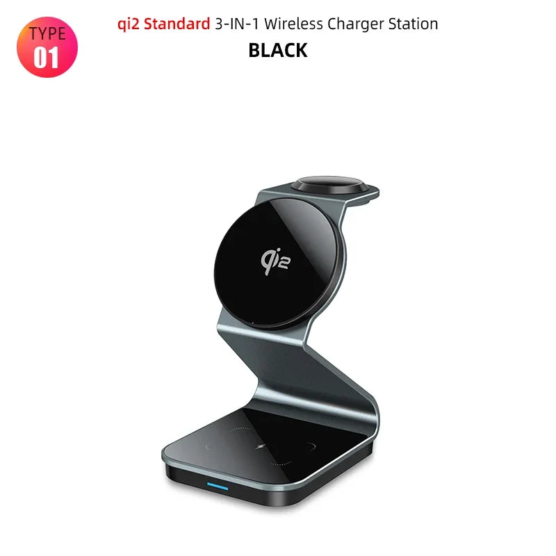 3 In 1 Foldable Magnetic Charging Station 15W Wireless Charger Aluminum Fast Charging Dock Wireless Charging Station for Smartphones, Apple iPhone, Samsung, iOS & Android