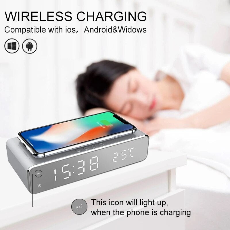 Kabellose Ladestation Wecker LED-Schnellladestation Handy Ladegerät  Wireless Charging Station Apple iPhone, Samsung, Android