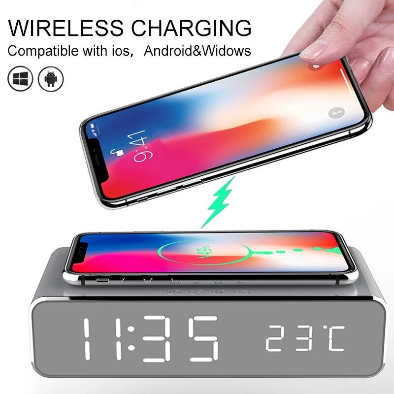 Kabellose Ladestation Wecker LED-Schnellladestation Handy Ladegerät  Wireless Charging Station Apple iPhone, Samsung, Android