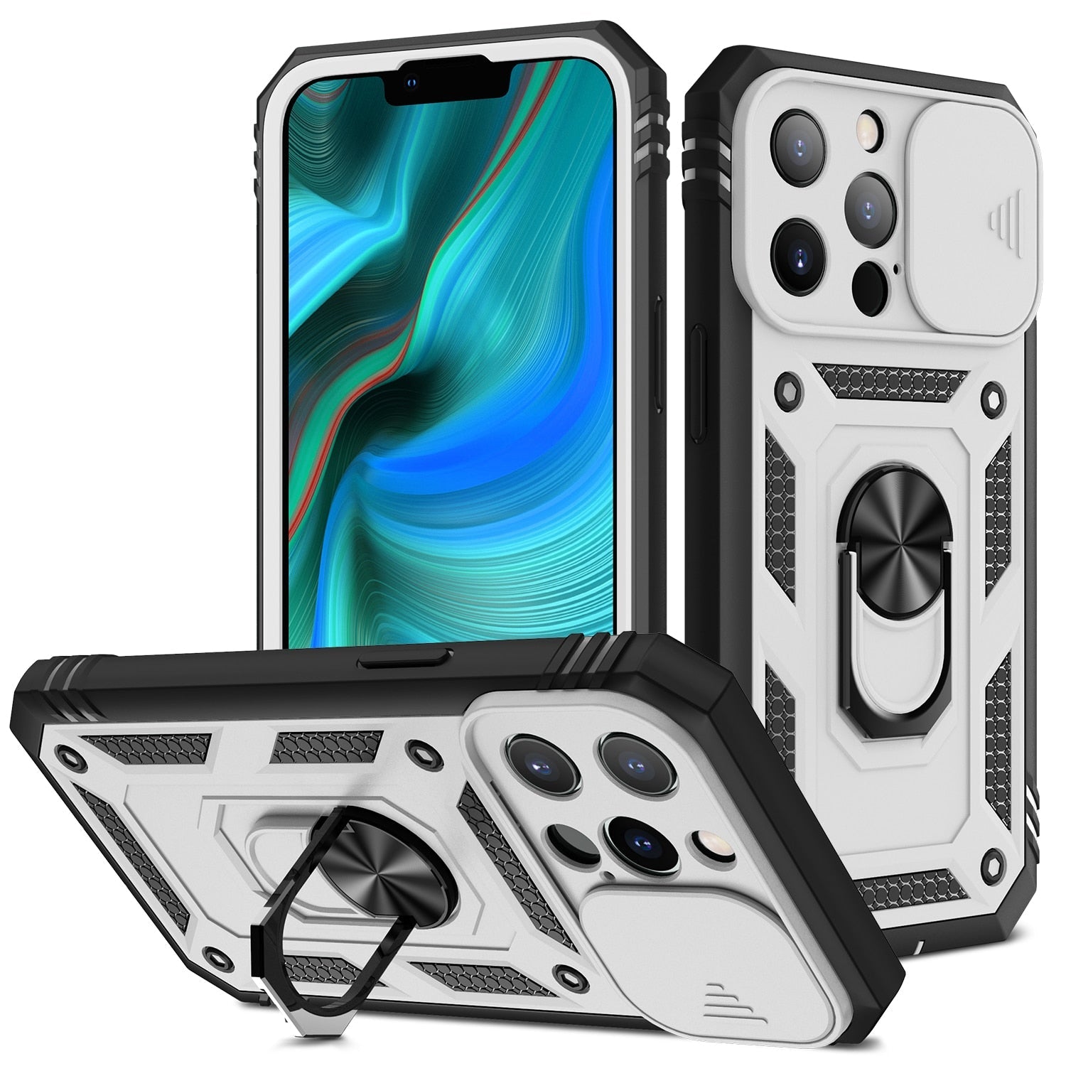 Premium Robustes Militärpanzer Apple iPhone Hülle | Militärqualität, 360° Schutz, Stoßfeste Abdeckung, Drehbarer Ständer, Kamera-Schutz, Kartenfach & MagSafe Kabelloses Laden - Phone Heaven Zone